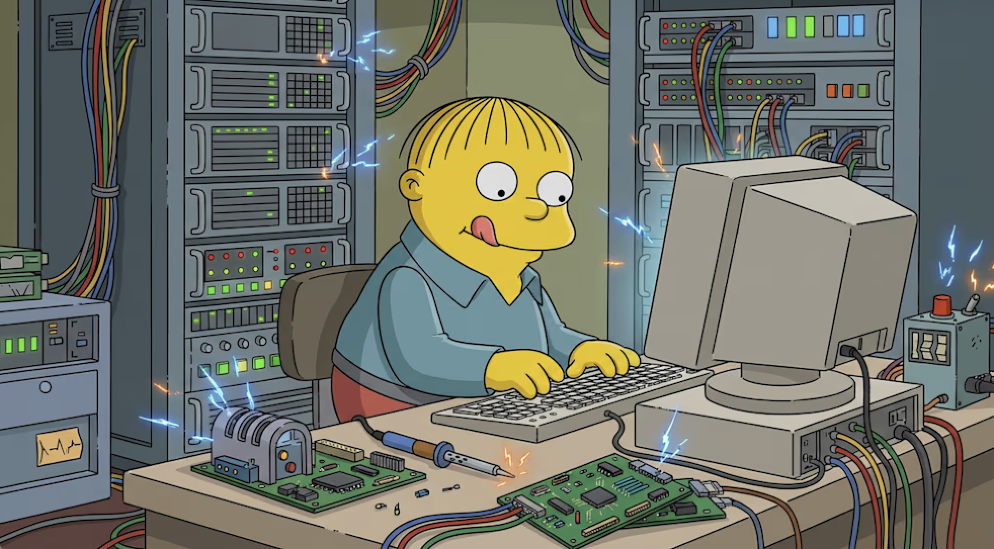 Ralph Wiggum working on a computer